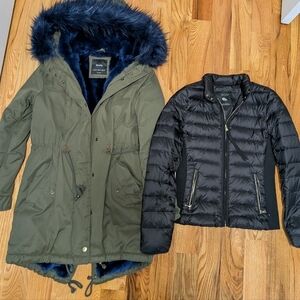 Zara Green Parka with Fur Hood and Black Puffer Jacket